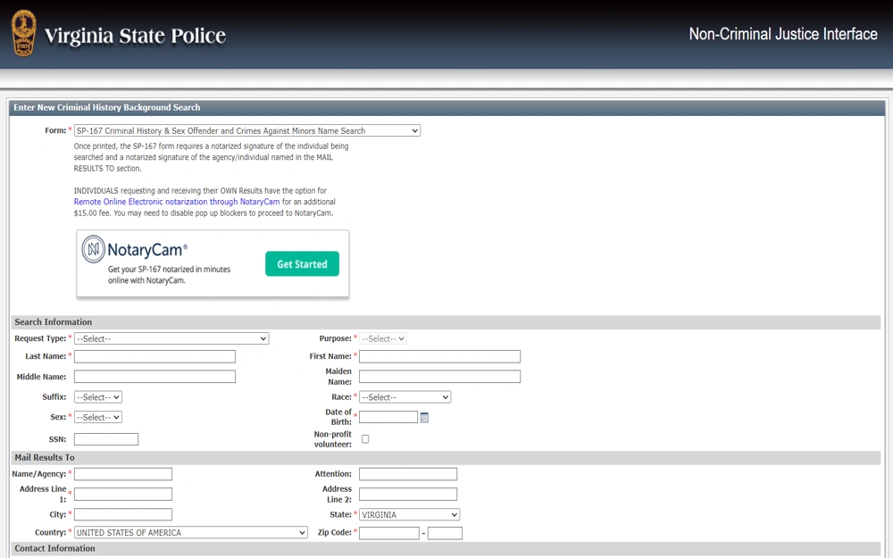 A digital form from the Virginia State Police for requesting a criminal history background check, featuring input fields for personal identifiers and mailing information, along with a notarization option via an online service.