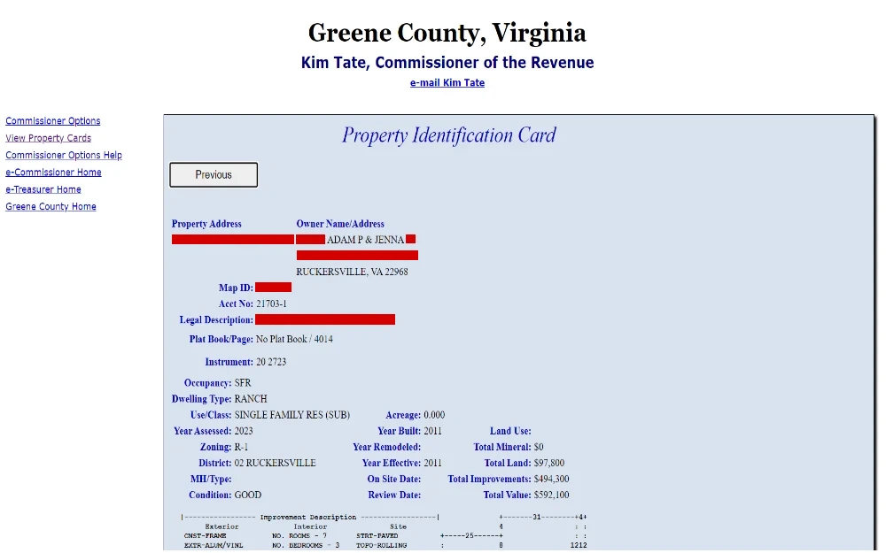 A property identification card from Greene County, Virginia, detailing a specific residential property's address, ownership, legal description, and assessed values, along with improvement descriptions and zoning information.