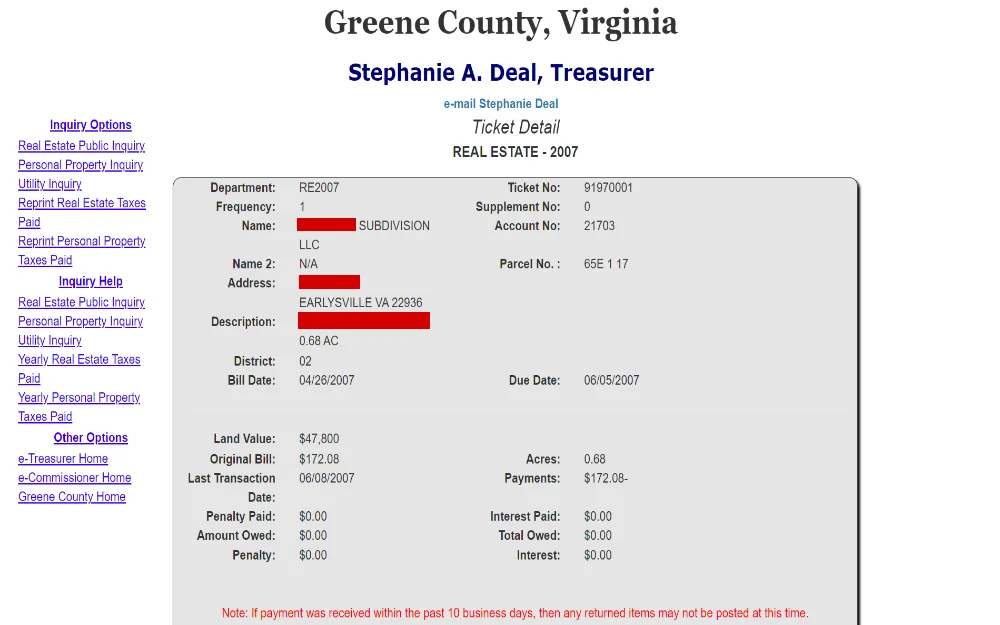 A real estate tax inquiry ticket for a property in Greene County, featuring the treasurer's name, the property's account and parcel numbers, location, land value, and payment information for the tax year 2007.