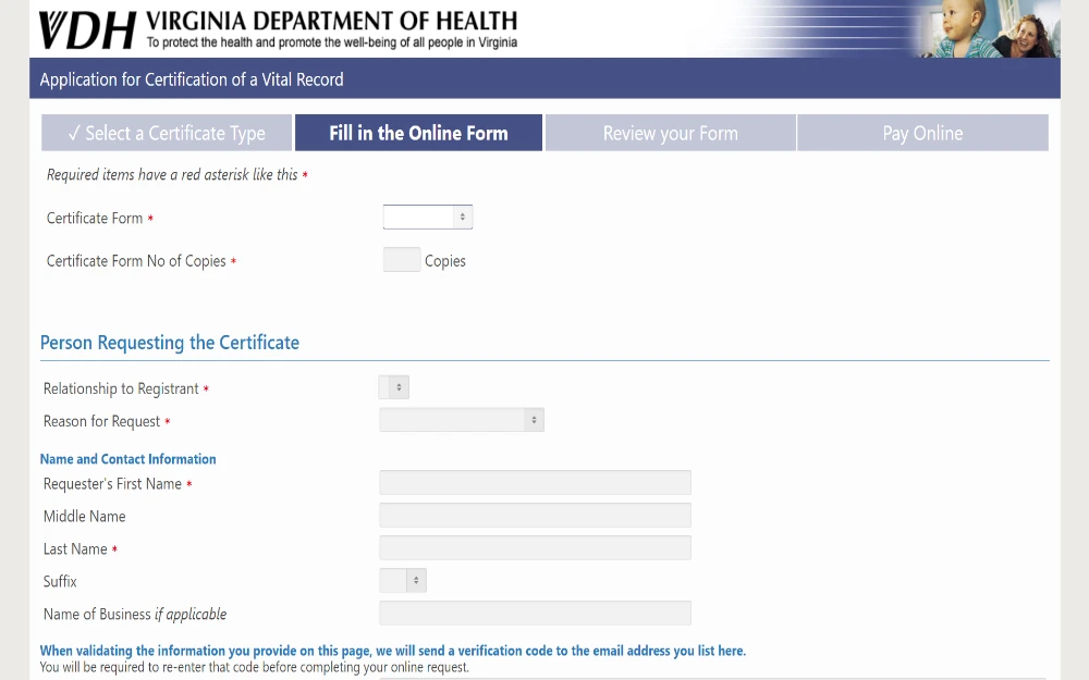 An online application interface for requesting a vital record certification from the Virginia Department of Health, detailing the selection of certificate type, the input fields for the requester's personal information, and the steps for online submission and payment.