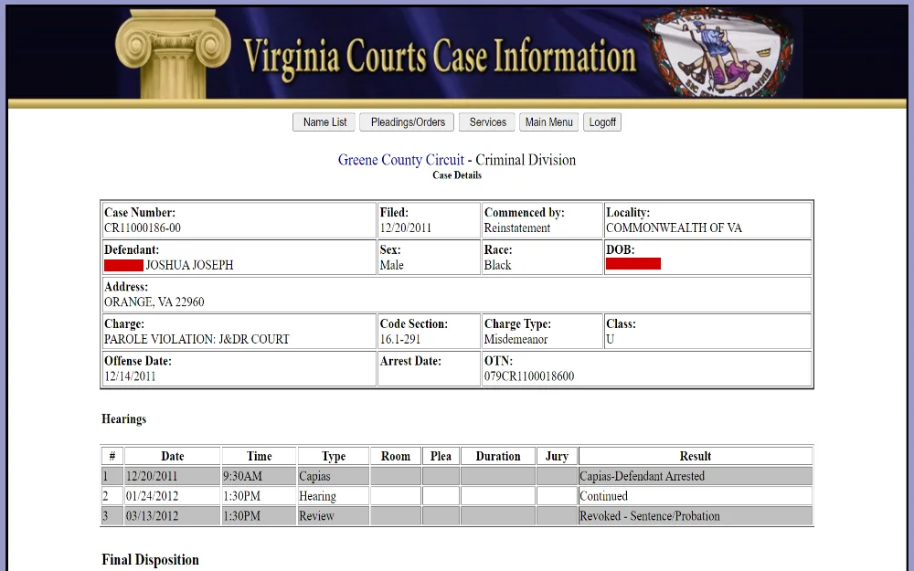 A web page from the Virginia Circuit Court detailing a criminal case, including the defendant's name, case number, charges, hearing schedule, and final disposition of parole violation.
