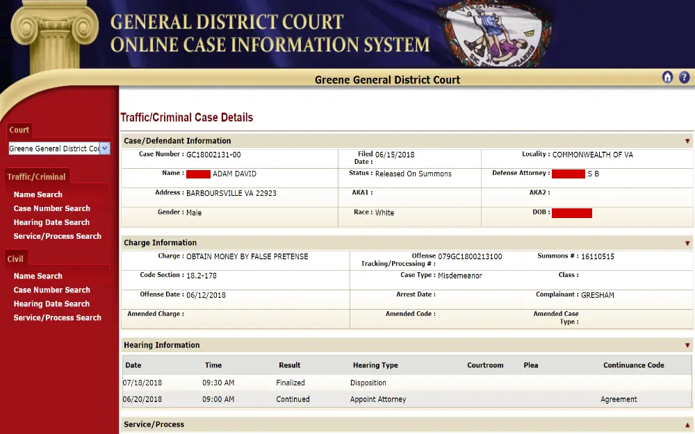 An online legal document interface from the Virginia General District Court, showing a traffic/criminal case detail including the case number, the defendant's information, charge description, hearing, and service/process details.