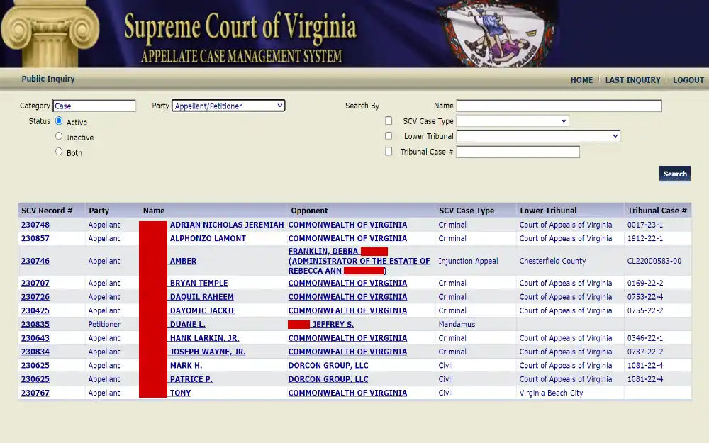A display of the Virginia Supreme Court's Appellate Case Management System, showing a list of appellants with case details such as names, case types, and associated courts for various appeals in the Commonwealth of Virginia.