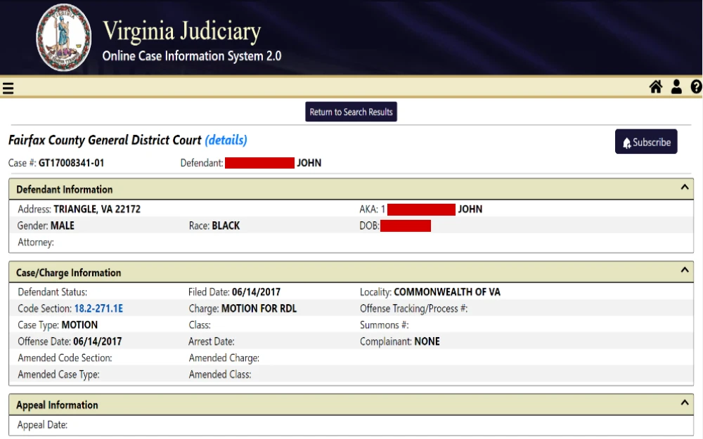 A web page from the Virginia Judiciary Online Case Information System showing case details from Fairfax County General District Court for a defendant, with case status, filed motion information, code section cited, and other legal proceedings data, without revealing sensitive personal information.