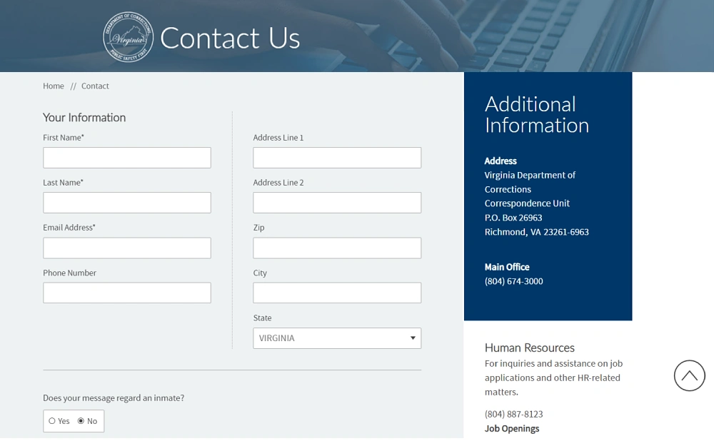 A screenshot from Virginia Department of Corrections, displaying a contact form that requires information such as first name, last name, email address, phone number, address line 1 & 2, ZIP code, city, state and if your message regard an inmate.