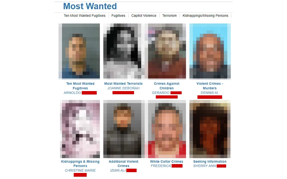 A screenshot showing a mugshot photo preview of the most wanted persons, displaying information such as name and description of their crimes from the Federal Bureau of Investigation website.