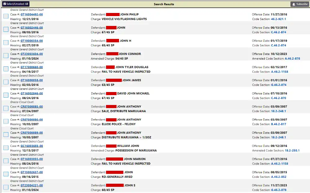 A screenshot from Virginia Judiciary showing a case search results listing the name of the defendant, name of the court, case number, hearing date, charges or amended charges, offense date, and code section.