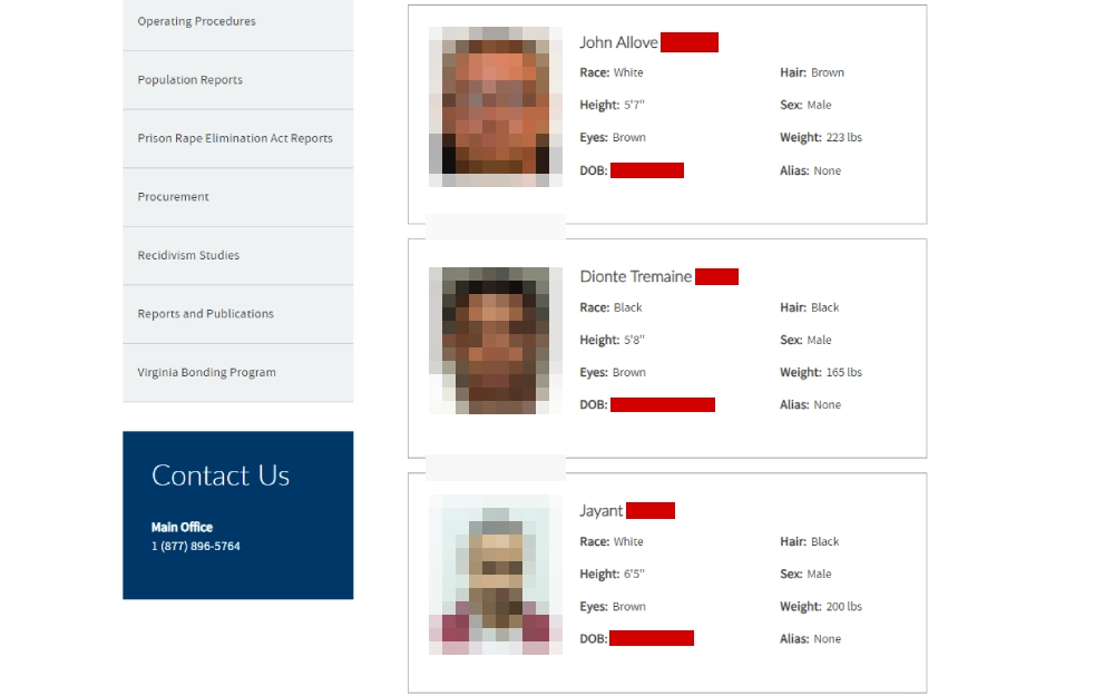 A screenshot showing the most wanted persons in Virginia from the Department of Corrections, showing information such as mugshot photo preview, full name, race, height, eyes, date of birth, hair, sex, weight, and alias.