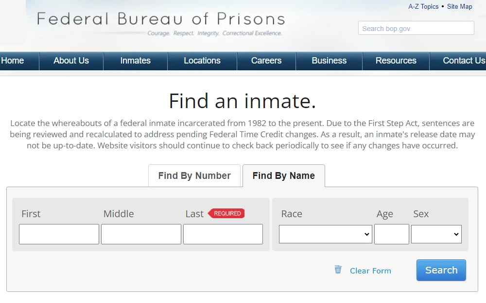 A screenshot of the Federal Bureau of Prison's Find an Inmate search tool that can be browsed by providing the name or register number.